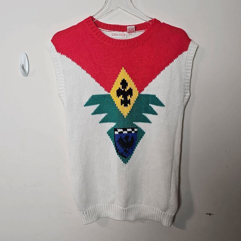 Cos Cob Vintage Knitted Women's Sleeveless Vest Style 45-6356 Cream Red Green Bl